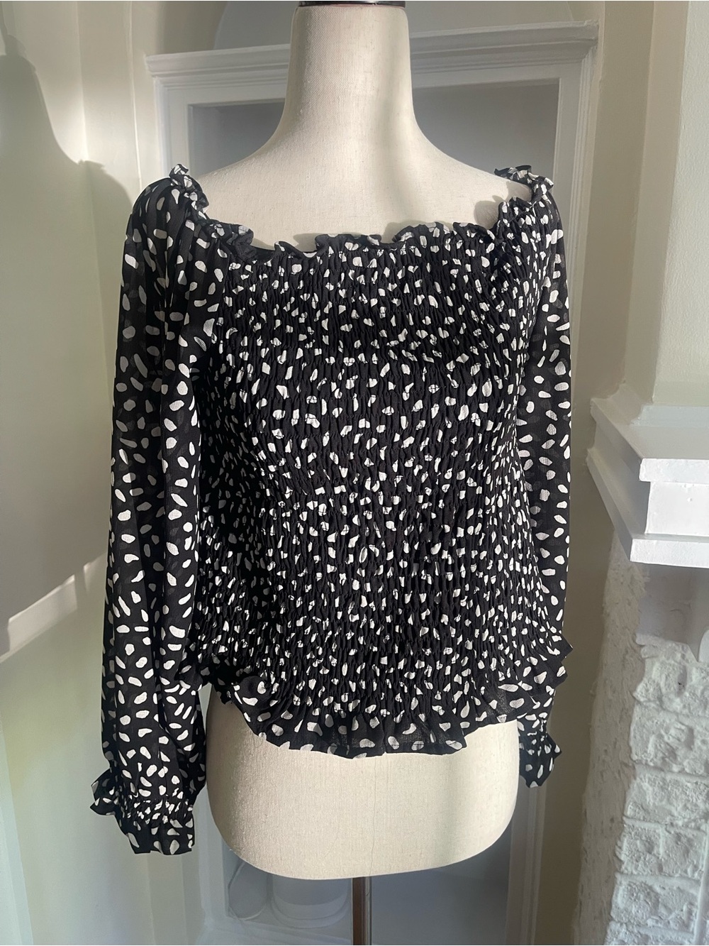 She + Sky Black Long Sleeve Smocked Light- Weight Peasant Top